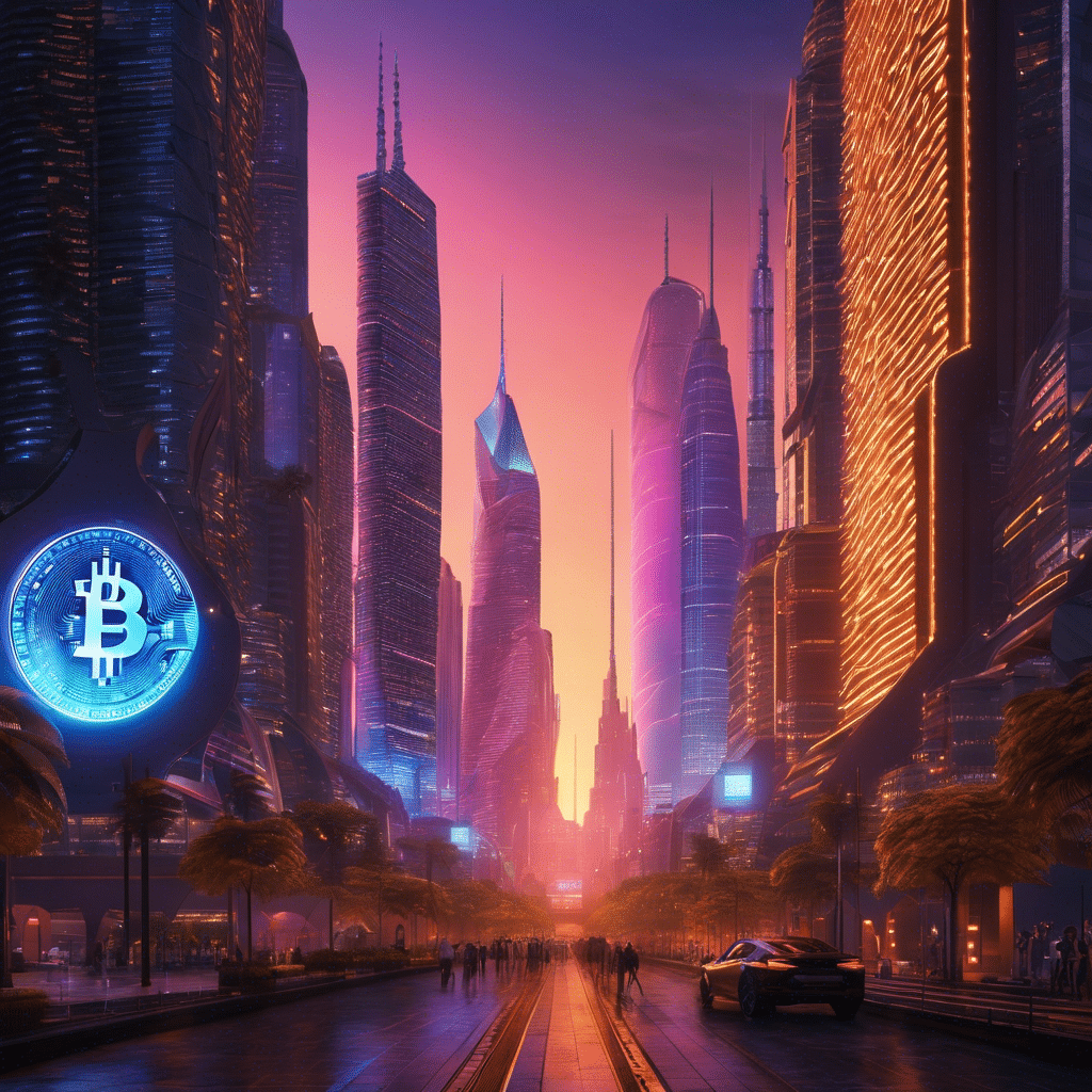 An image showcasing a vibrant, futuristic cityscape at dusk, with towering skyscrapers adorned with Bitcoin logos