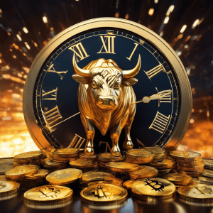 An image with a ticking clock in the foreground, surrounded by stacks of Bitcoins