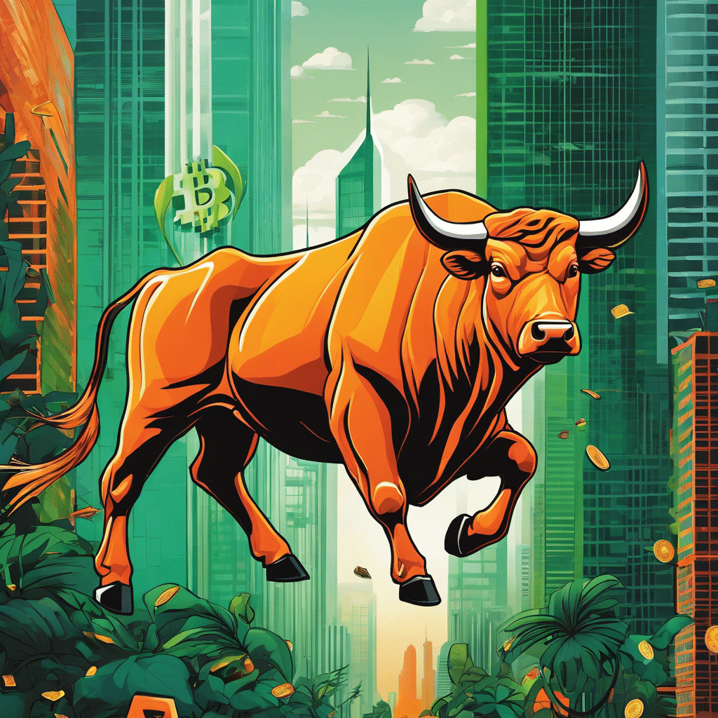 An image depicting a vibrant orange and green bull charging upwards against a backdrop of rising skyscrapers, with a graph of Bitcoin's price soaring exponentially in the foreground
