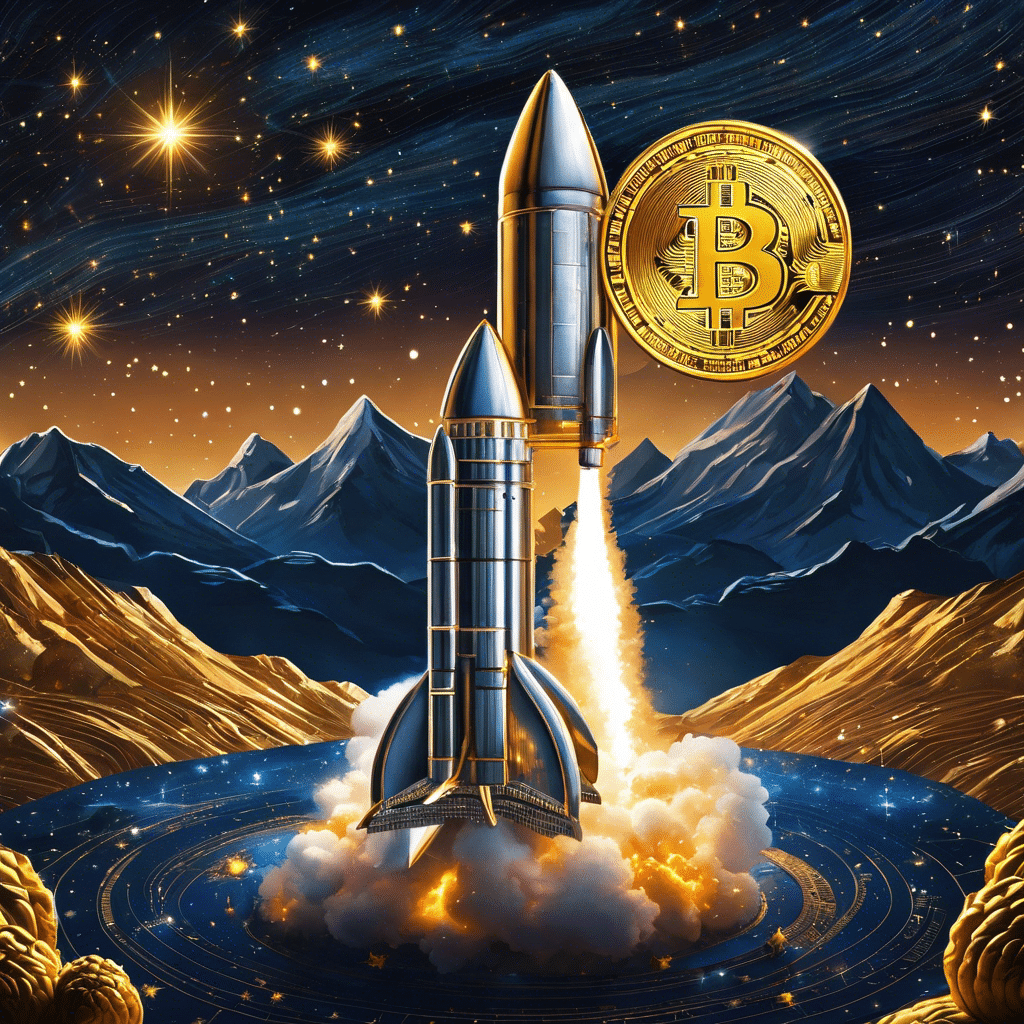 An image showcasing a rocket ship blasting off into a starry night sky, with a golden Bitcoin symbol emblazoned on its side, symbolizing the soaring value of Bitcoin predicted by experts