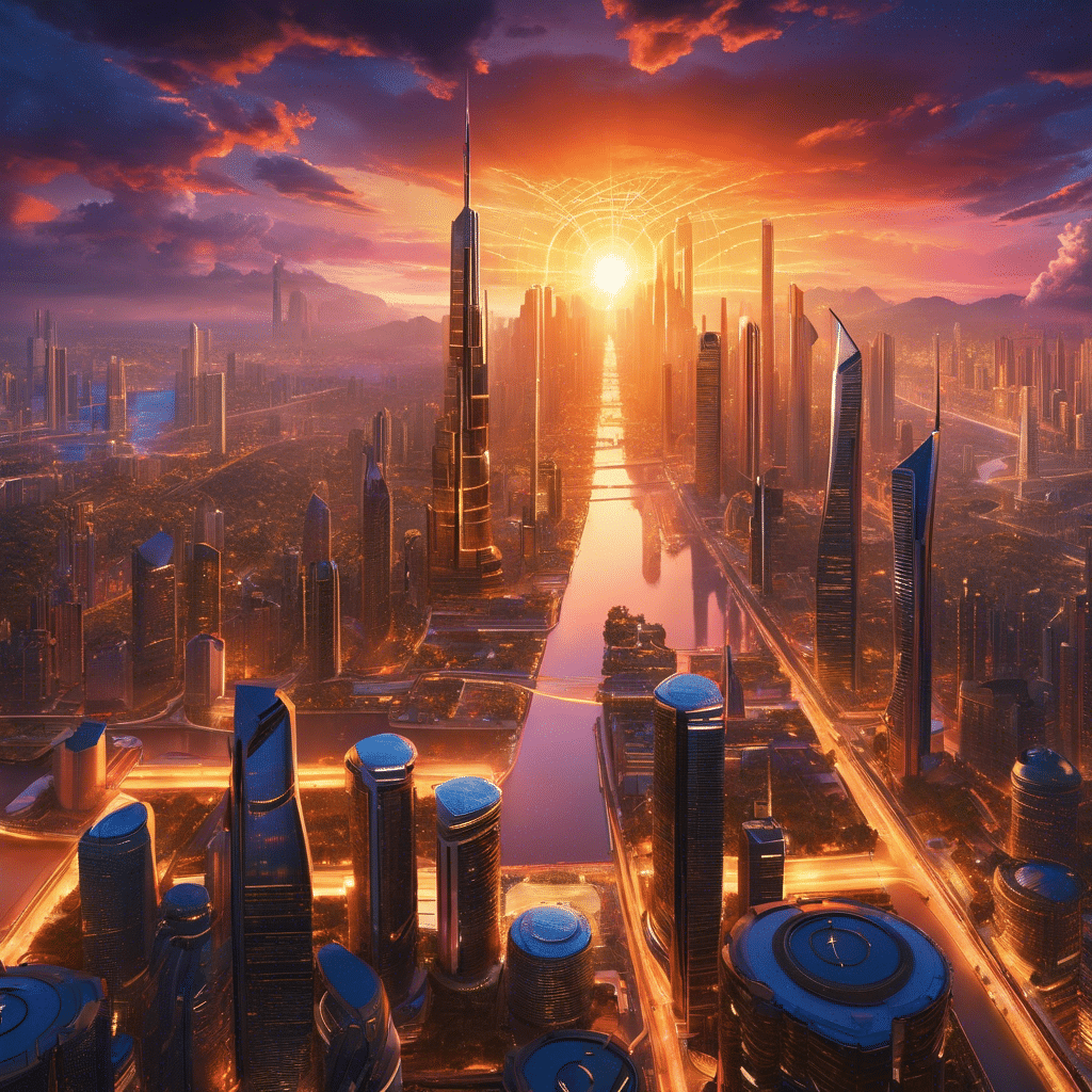 An image showcasing a vibrant futuristic cityscape at dusk, adorned with towering skyscrapers reflecting the golden hues of a setting sun