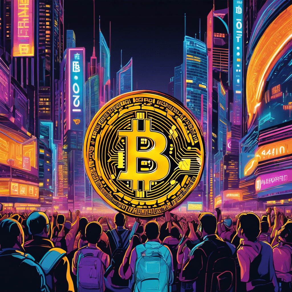 An image capturing the excitement of a bustling city with towering skyscrapers, adorned with neon-lit Bitcoin signs