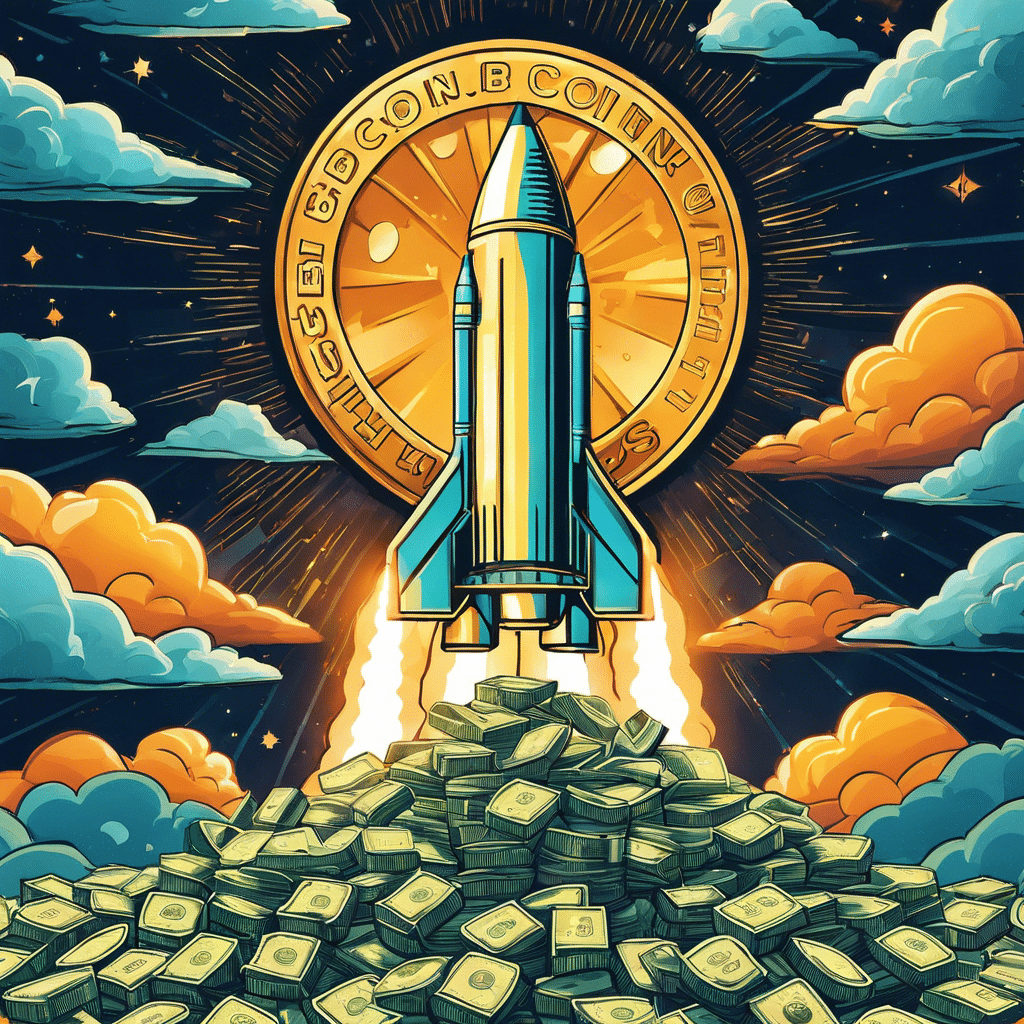 An image of a soaring rocket-shaped Bitcoin, breaking through clouds of dollar bills, illuminating the sky with a radiant glow of success