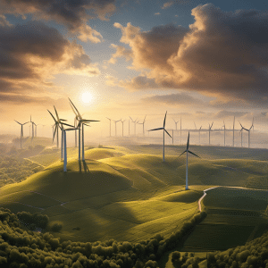 An image featuring a juxtaposition of a sprawling, idyllic wind farm and a dense, smog-filled cityscape, highlighting the contrasting impacts of Bitcoin mining on renewable energy and the environment