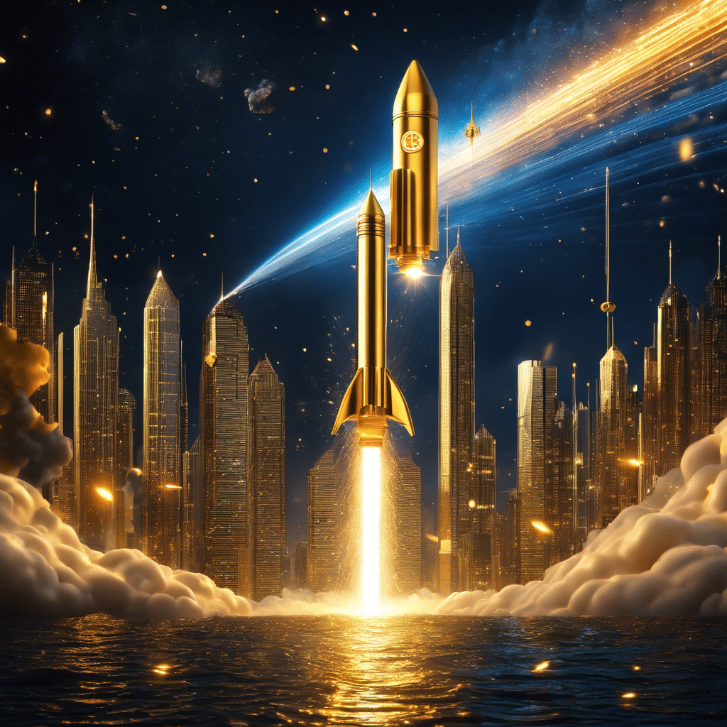 An image showcasing a towering Bitcoin rocket ascending through a digital skyline, with cascades of golden coins raining down, symbolizing the cryptocurrency's remarkable value surge and foreshadowing its potential for even greater gains in 2024