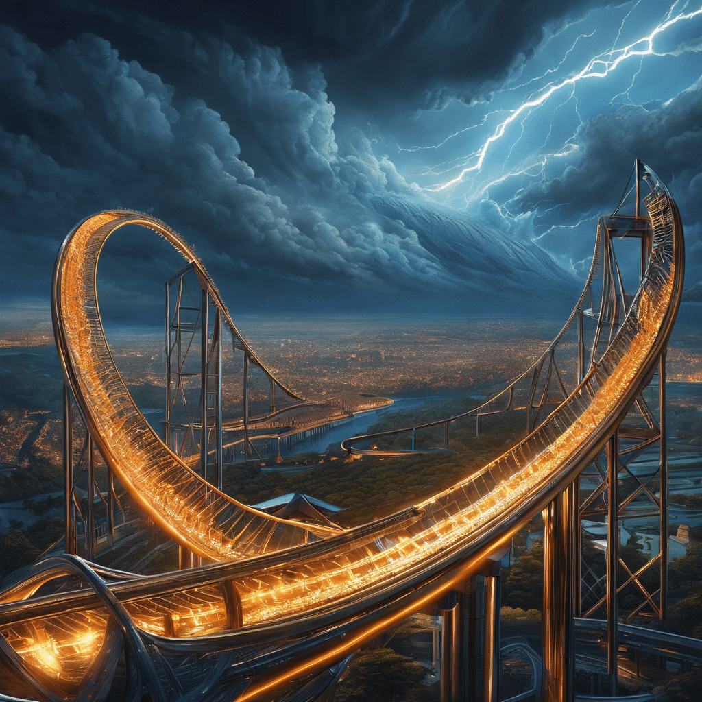 An image capturing the uncertainty surrounding Bitcoin's future, depicting a rollercoaster soaring high against a stormy backdrop, with investors gripping the handles tightly, their expressions reflecting a mix of excitement and fear