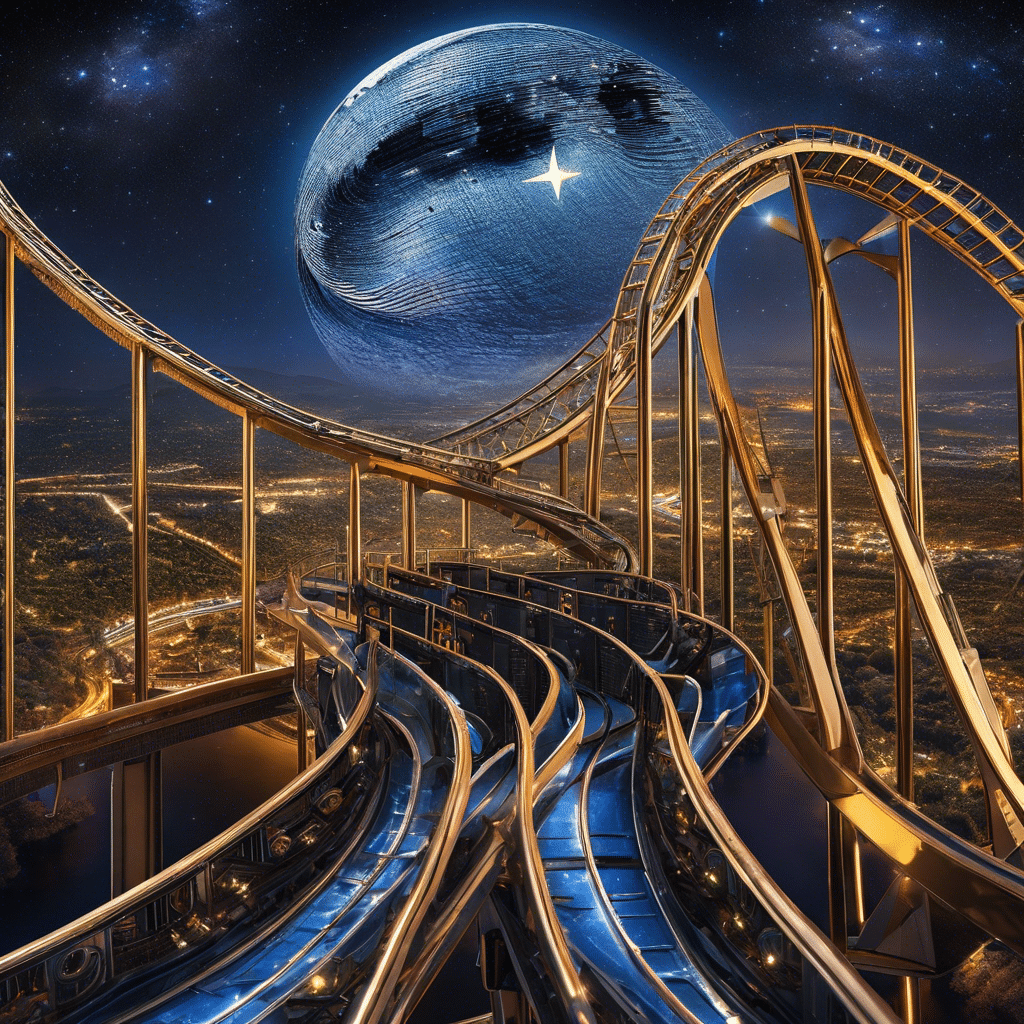 An image featuring a roller coaster soaring through a starry night sky, with Bitcoin's symbol prominently displayed on the coaster cars