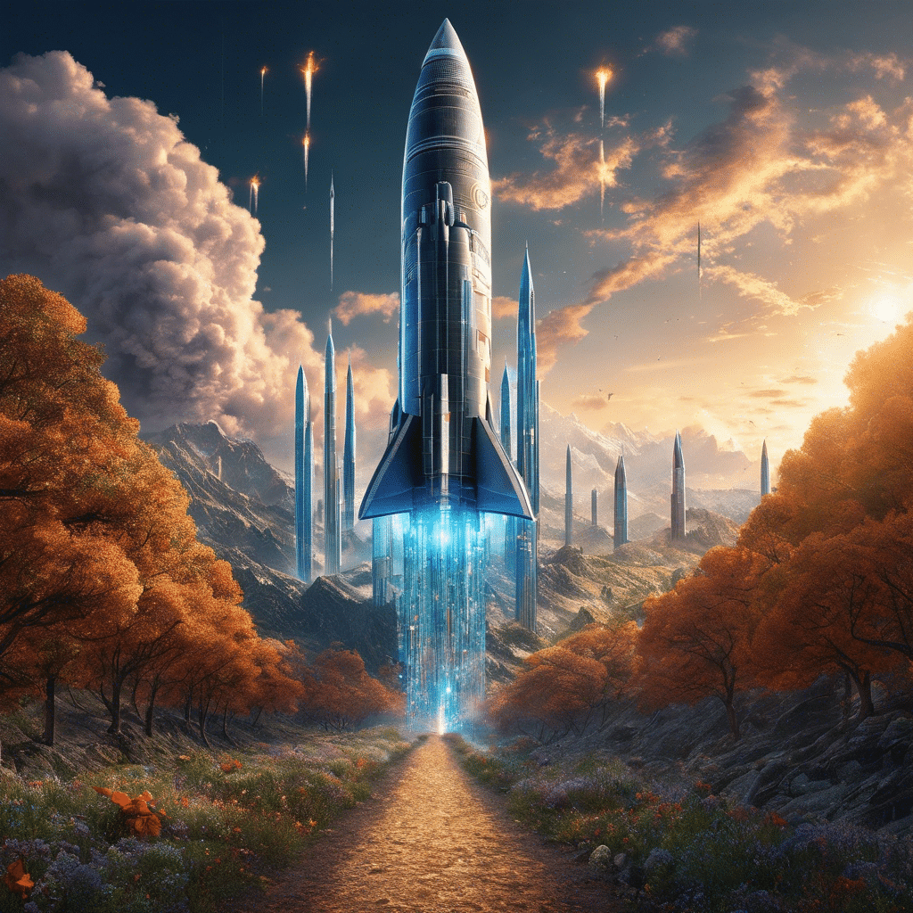 An image showcasing a digital landscape with a massive Bitcoin rocket propelling upwards, leaving a trail of shattered glass representing all-time price records, as it pierces through the sky
