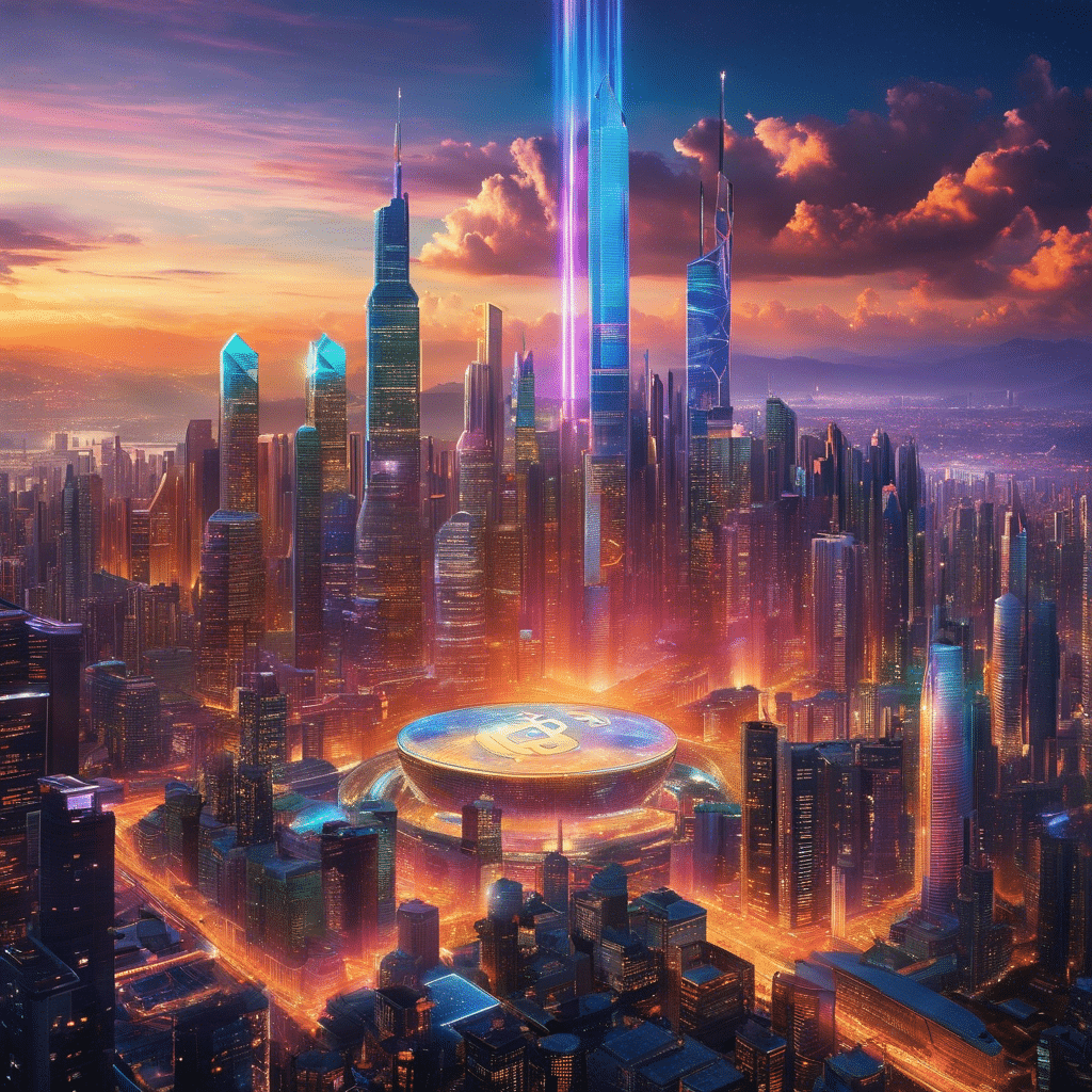 An image showcasing a vibrant, futuristic metropolis skyline at dusk, adorned with colossal holographic Bitcoin logos towering above the cityscape, symbolizing the awe-inspiring and unprecedented price surge predicted for 2024