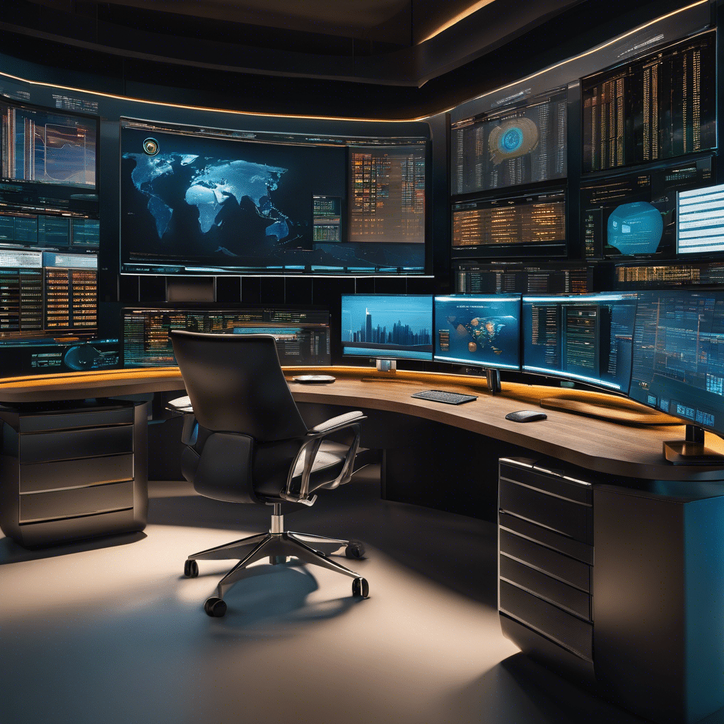 An image of a sleek, futuristic trading desk adorned with multiple computer screens displaying live cryptocurrency charts, a stack of cash symbolizing profits, and a magnifying glass revealing hidden strategies
