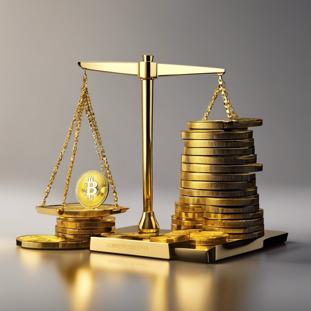 An image showcasing a scale with a stack of gold bars on one side and a pile of cryptocurrency symbols on the other, representing the contrasting risks and opportunities of investing in cryptocurrency