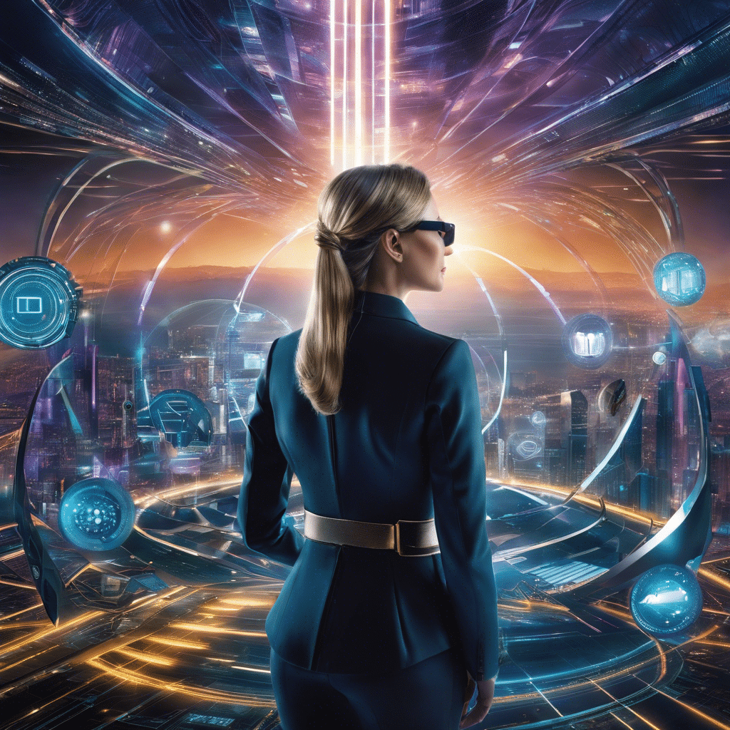 An image depicting a futuristic digital landscape with Caroline Butler at the forefront, confidently navigating a virtual world filled with interconnected digital assets and cutting-edge technologies, symbolizing her leadership in the digital assets revolution