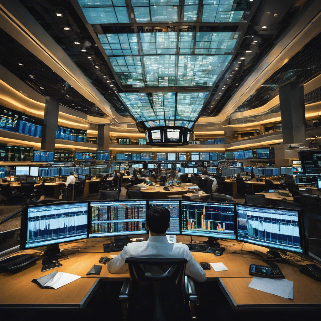 An image capturing the exhilarating world of stock trading, showcasing a bustling trading floor with traders in sharp suits and ties, intently studying charts, surrounded by multiple screens displaying real-time stock data