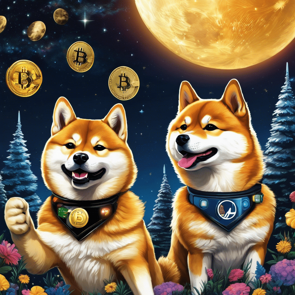 An image showcasing a cheerful Shiba Inu (Dogecoin) and a confident golden Bitcoin, both wearing astronaut helmets, holding hands while leaping joyfully towards a vibrant full moon in a starry night sky