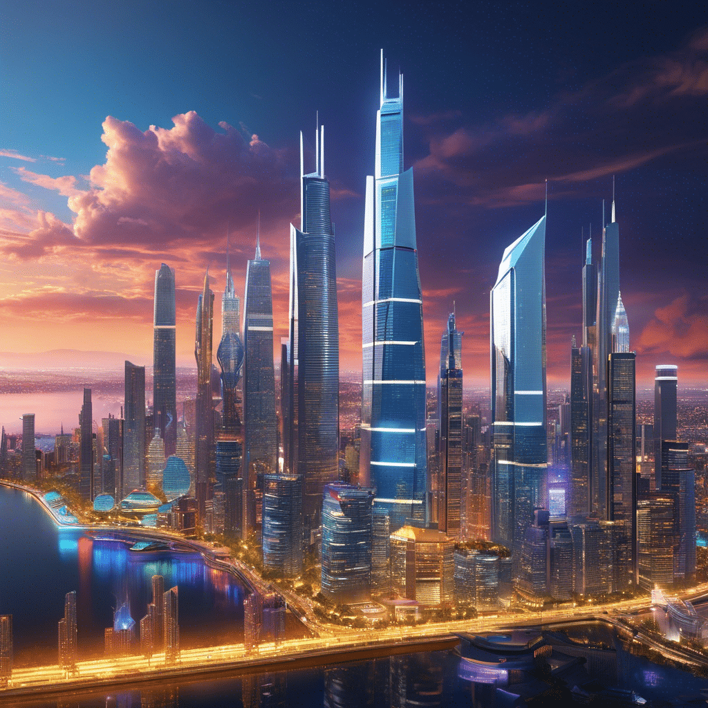 An image showcasing a vibrant digital cityscape in 2027, with towering skyscrapers made of bitcoins