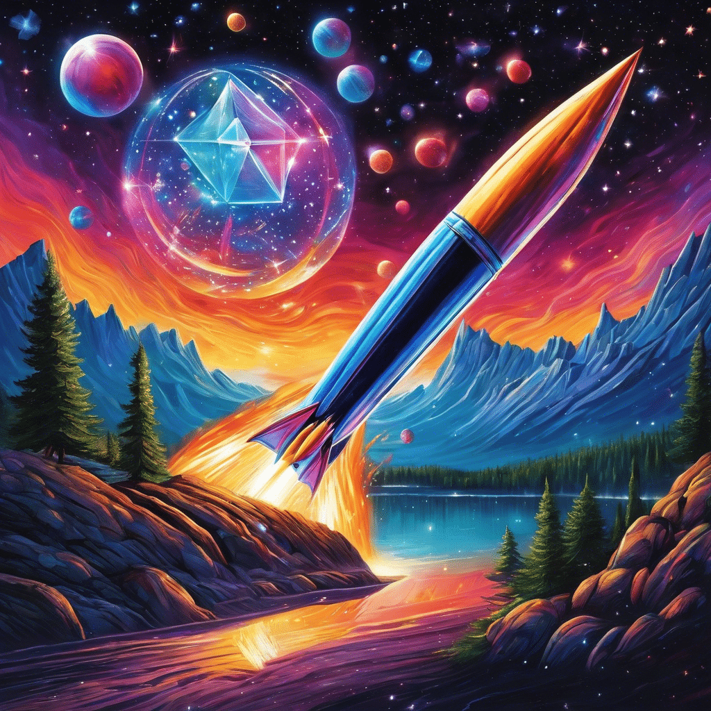 An image depicting a rocket soaring through a starry night sky, leaving a trail of Ethereum symbols in its wake, while a crystal ball shatters to reveal an explosion of vibrant colors