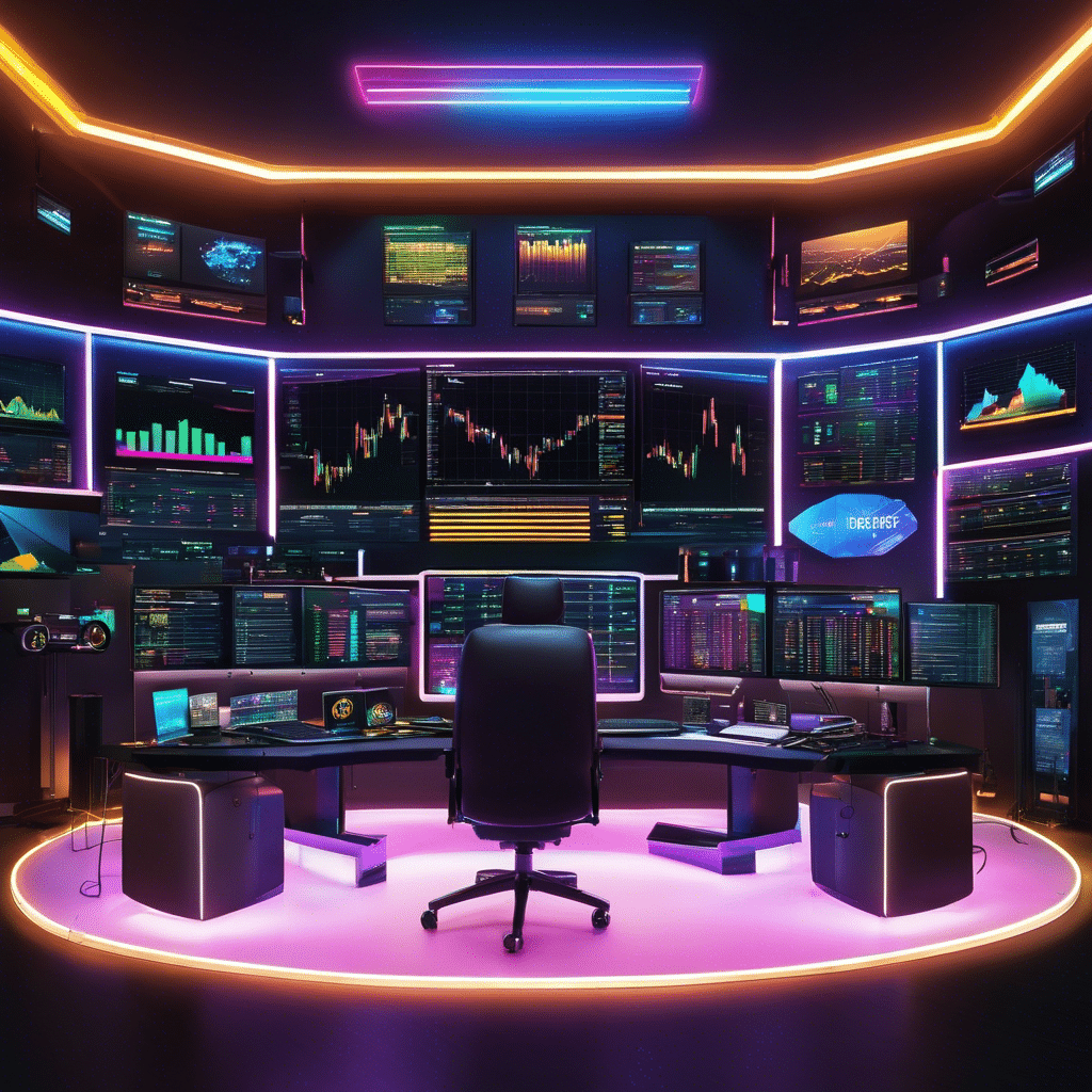 An image showcasing a dark, sleek trading room bathed in neon lights, with multiple screens displaying live cryptocurrency charts, while a focused trader analyzes data and executes precise trading strategies