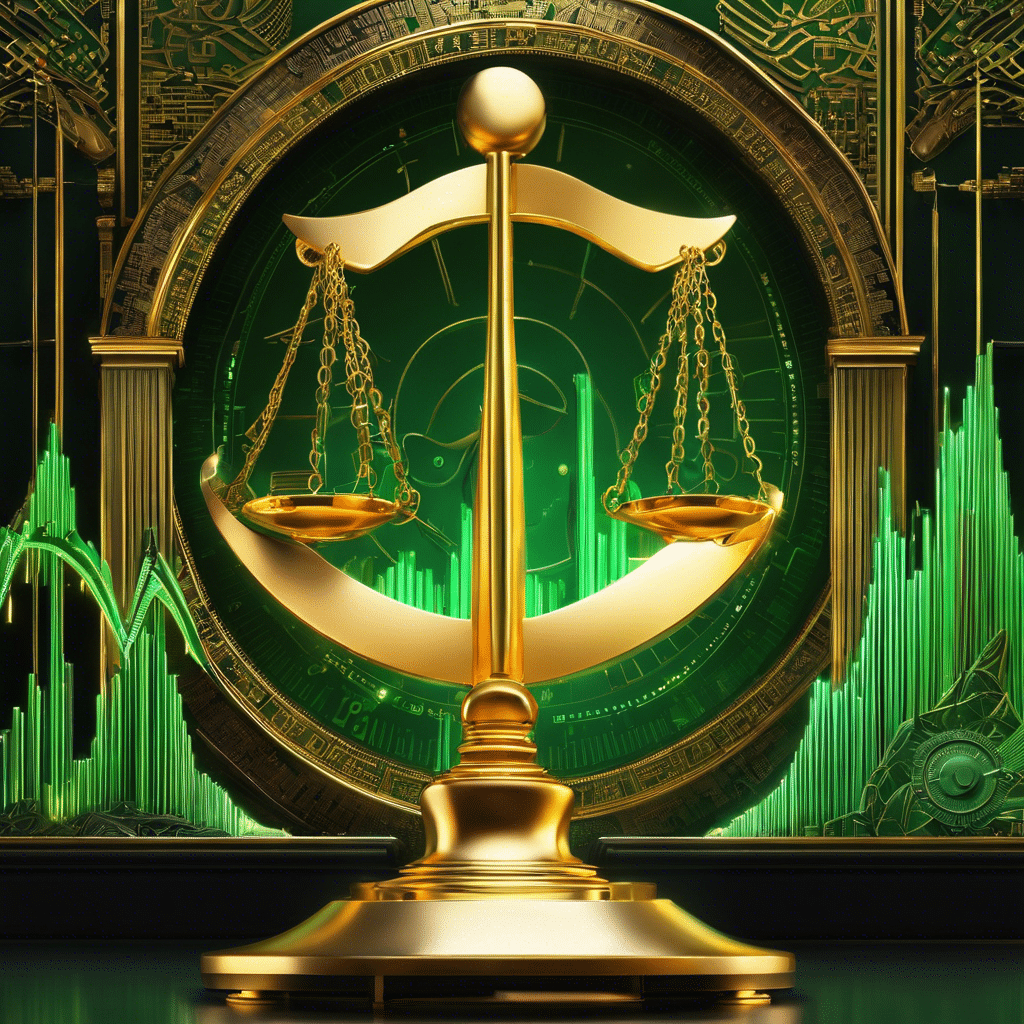 An image featuring a golden scale, adorned with intricate stock market symbols, tipping towards a rising graph of green, symbolizing lucrative gains