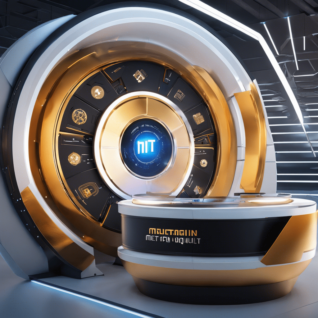 An image showcasing a sleek, futuristic virtual vault with MetGain Token branding