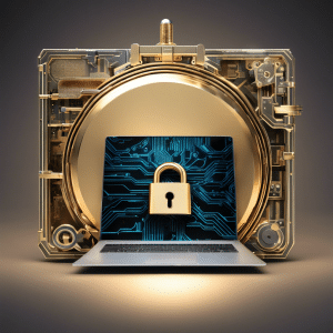 An image featuring a modern laptop surrounded by a combination lock, a key, and a digital fingerprint, symbolizing the importance of securing your digital assets for future generations