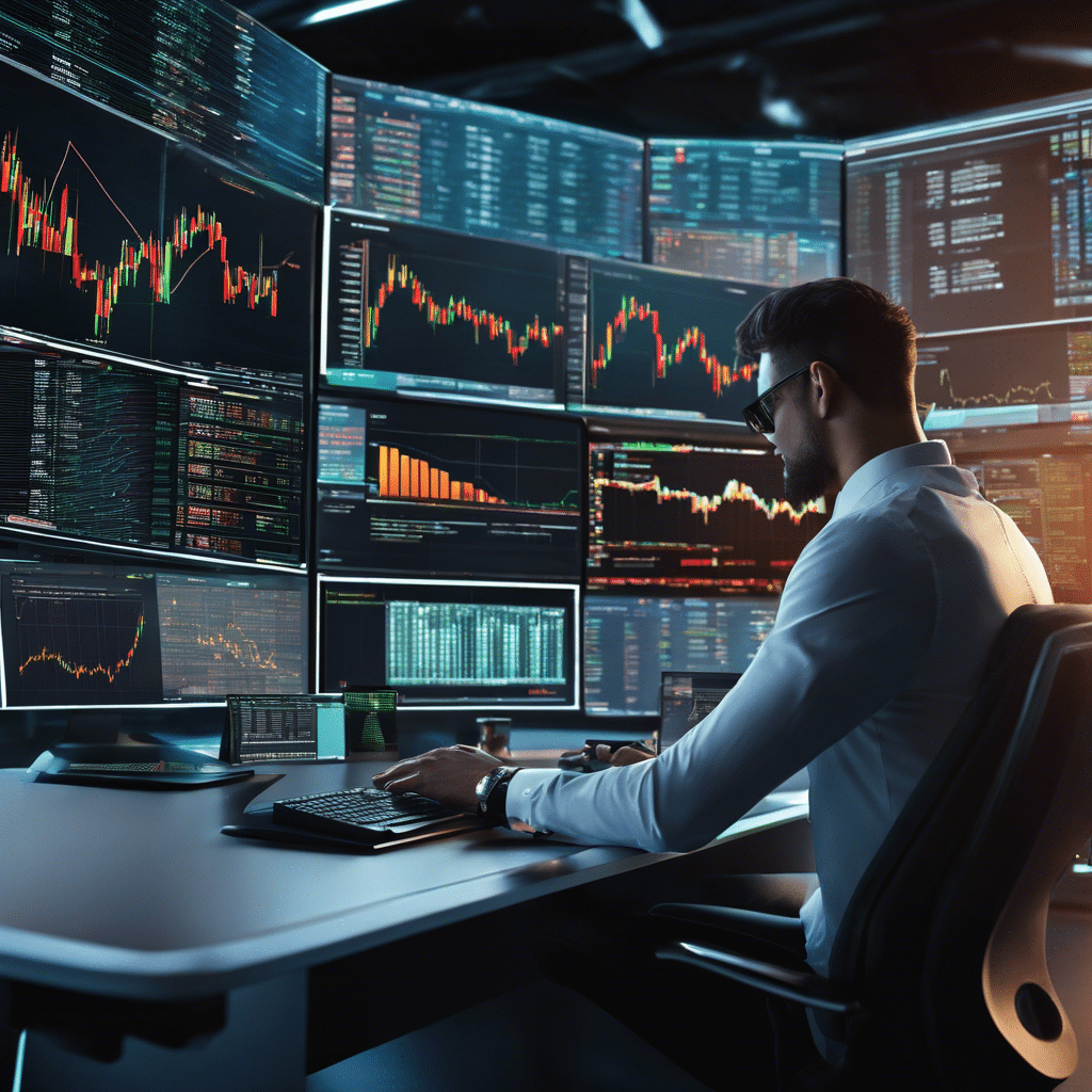 An image of a person sitting at a sleek, futuristic desk with multiple computer screens displaying live cryptocurrency trading charts, while their hand confidently clicks the mouse to execute profitable trades