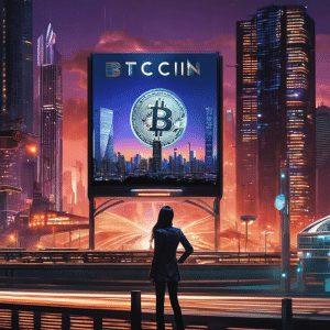 An image showcasing Cathie Wood's groundbreaking Bitcoin prediction by featuring a futuristic cityscape at dusk, with towering digital billboards displaying the Bitcoin symbol, while a confident figure stands at the forefront, symbolizing Wood's boldness
