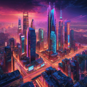 An image showcasing a bustling cityscape with skyscrapers adorned in neon signs of major financial institutions, interwoven with pixelated patterns resembling cryptocurrencies, symbolizing the fusion of traditional finance and the digital revolution