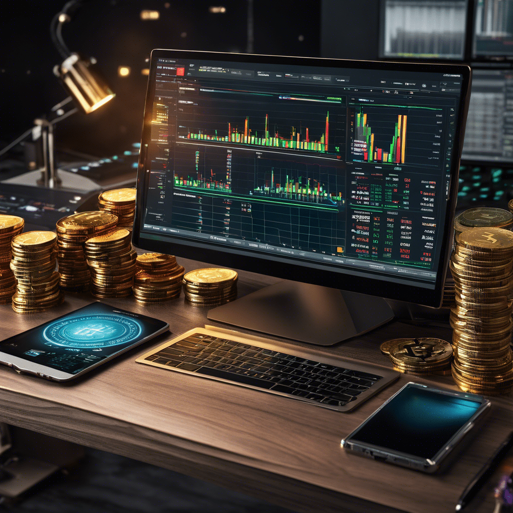 An image featuring a laptop with multiple trading charts displayed on the screen, surrounded by stacks of money and scattered cryptocurrency coins